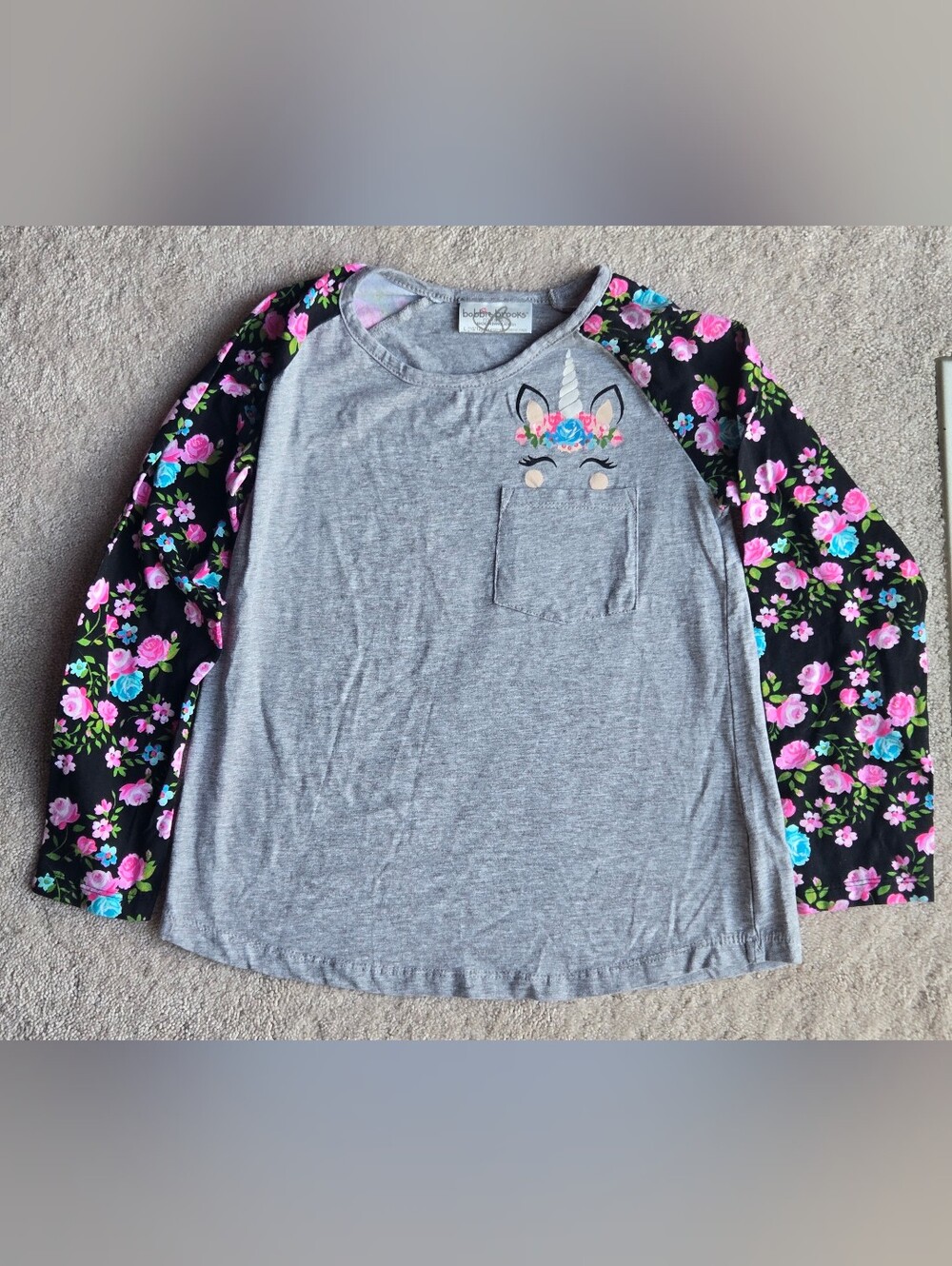 Bobbie Brooks Gray Unicorn Pocket Tee with Floral Raglan Sleeves